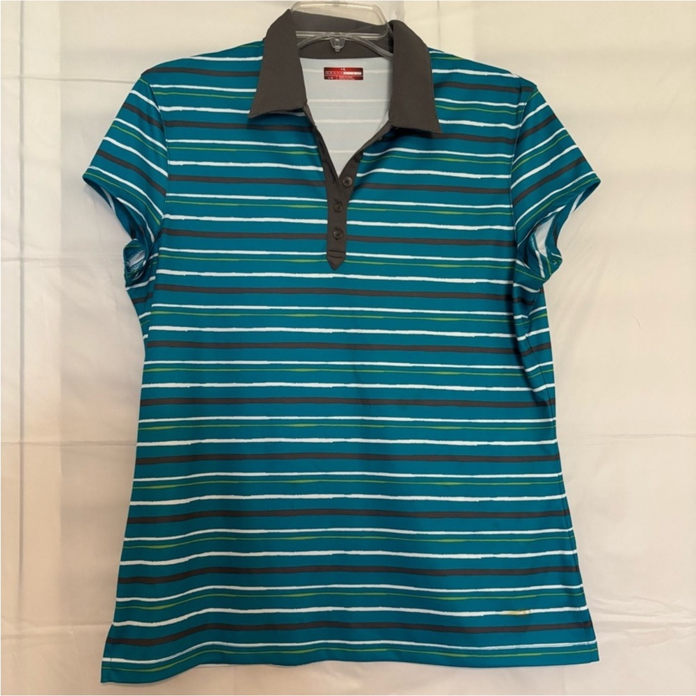 Dunning Teal Striped Golf Polo Shirt Cap Sleeve